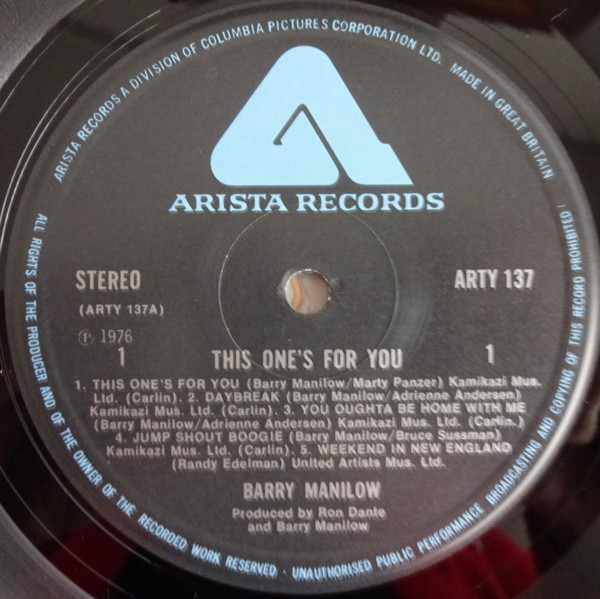 Barry Manilow - This One's For You | Arista (ARTY 137) - 3