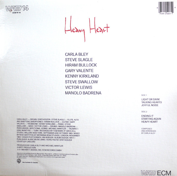 Carla Bley - Heavy Heart | WATT/ECM (1-25003) - 2