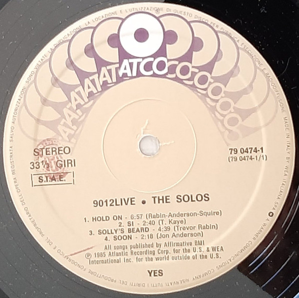 Yes - 9012Live - The Solos | ATCO Records (79 0474-1) - 3