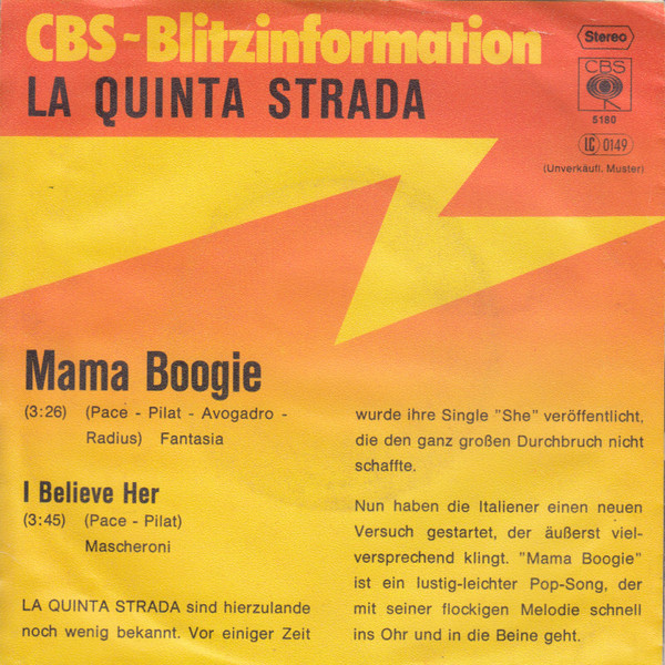 La Quinta Strada - Mama Boogie / I Believe Her | CBS (CBS S 5180)