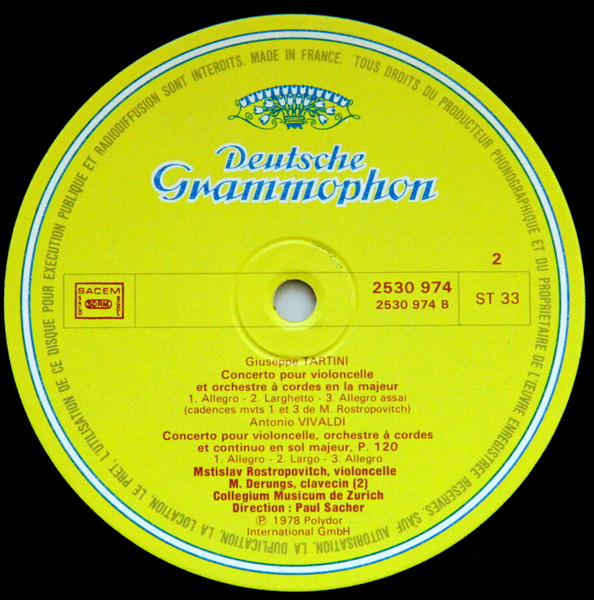 Antonio Vivaldi / Giuseppe Tartini / Luigi Boccherini - Mstislav Rostropovich , Collegium Musicum Zürich , Paul Sacher - Concertos Pour Violoncelle | Deutsche Grammophon (2530 974) - 3 Antonio Vivaldi / Giuseppe Tartini / Luigi Boccherini - Mstislav Rostropovich , Collegium Musicum Zürich , Paul Sacher - Concertos Pour Violoncelle | Deutsche Grammophon (2530 974) - 3