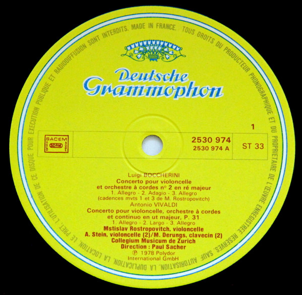 Antonio Vivaldi / Giuseppe Tartini / Luigi Boccherini - Mstislav Rostropovich , Collegium Musicum Zürich , Paul Sacher - Concertos Pour Violoncelle | Deutsche Grammophon (2530 974) - 4 Antonio Vivaldi / Giuseppe Tartini / Luigi Boccherini - Mstislav Rostropovich , Collegium Musicum Zürich , Paul Sacher - Concertos Pour Violoncelle | Deutsche Grammophon (2530 974) - 4