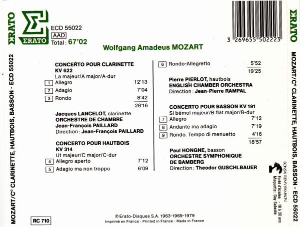 Wolfgang Amadeus Mozart : Jacques Lancelot / Pierre Pierlot , Paul Hongne - Concertos Pour Clarinette, Hautbois, Basson | Erato (ECD 55022) - 2