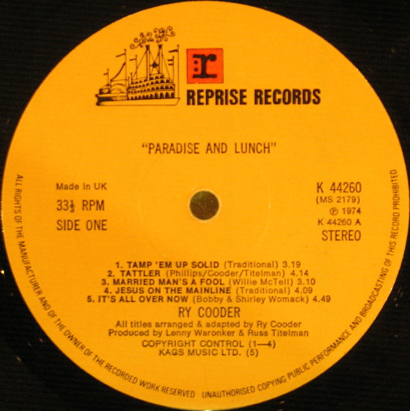 Ry Cooder - Paradise And Lunch | Reprise Records (REP 44260) - 3