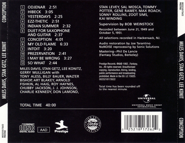 Miles Davis , Stan Getz , Lee Konitz - Conception | Original Jazz Classics (0025218172622) - 2