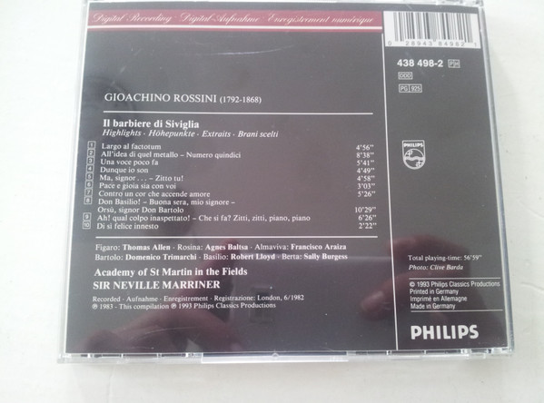 Gioacchino Rossini , Thomas Allen , Agnes Baltsa , Francisco Araiza , The Academy Of St. Martin-in-the-Fields , Sir Neville Marriner - Il Barbiere Di Siviglia - Highlights | Philips (438 498-2) - 2