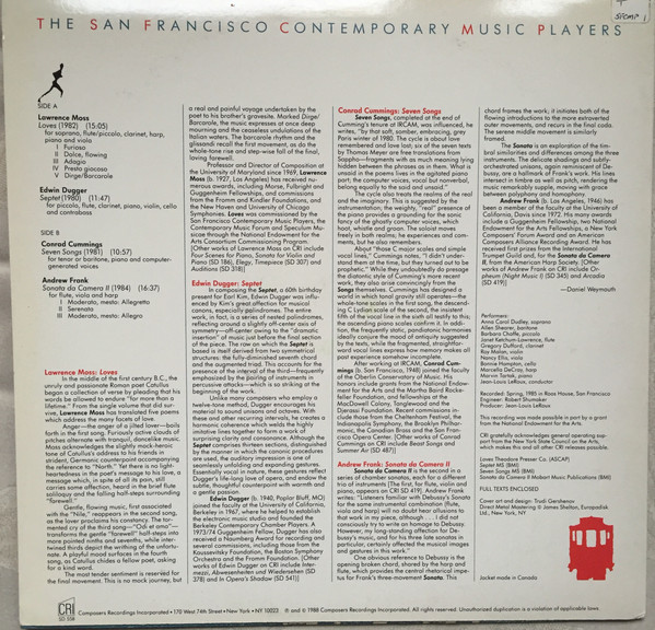 San Francisco Contemporary Music Players , Lawrence Moss , Edwin Dugger , Conrad Cummings , Andrew Frank - The San Francisco Contemporary Music Players | Composers Recordings Inc. (CRI) (CRI SD 558) - 2 San Francisco Contemporary Music Players , Lawrence Moss , Edwin Dugger , Conrad Cummings , Andrew Frank - The San Francisco Contemporary Music Players | Composers Recordings Inc. (CRI) (CRI SD 558) - 2