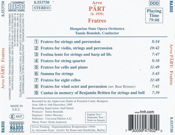 Arvo Pärt , Hungarian State Opera Orchestra , Tamás Benedek - Fratres • Festina Lente • Summa • Cantus In Memory Of Benjamin Britten | Naxos (8.553750) - 2