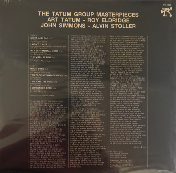 Art Tatum / Roy Eldridge / John Simmons / Alvin Stoller - The Tatum Group Masterpieces | Pablo Records (PN 4002) - 2