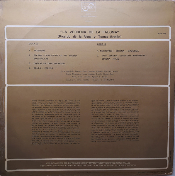 Luis Sagi-Vela , Dolores Perez , Elsa Del Campo , Santiago Ramalle , Orquesta Montilla , Coros Montilla , Eugenio Mario Marco , Ricardo De La Vega , Tomás Bretón - La Verbena De La Paloma | Zafiro (ZOR-172) - 2 Luis Sagi-Vela , Dolores Perez , Elsa Del Campo , Santiago Ramalle , Orquesta Montilla , Coros Montilla , Eugenio Mario Marco , Ricardo De La Vega , Tomás Bretón - La Verbena De La Paloma | Zafiro (ZOR-172) - 2