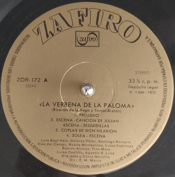 Luis Sagi-Vela , Dolores Perez , Elsa Del Campo , Santiago Ramalle , Orquesta Montilla , Coros Montilla , Eugenio Mario Marco , Ricardo De La Vega , Tomás Bretón - La Verbena De La Paloma | Zafiro (ZOR-172) - 3 Luis Sagi-Vela , Dolores Perez , Elsa Del Campo , Santiago Ramalle , Orquesta Montilla , Coros Montilla , Eugenio Mario Marco , Ricardo De La Vega , Tomás Bretón - La Verbena De La Paloma | Zafiro (ZOR-172) - 3