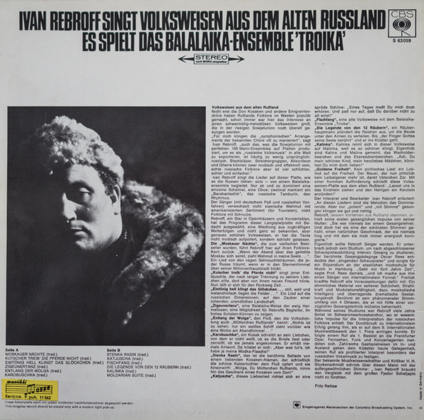 Ivan Rebroff & Balalaika Ensemble Troika - Ivan Rebroff Singt Volksweisen Aus Dem Alten Russland | CBS (S 63 059) - 2