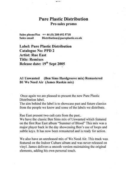 Rue East - Remixes | Pure Plastic (PPD2) - 2