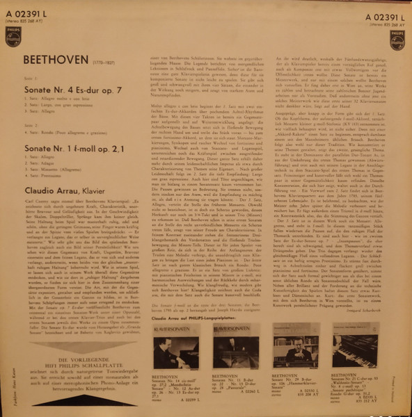 Ludwig van Beethoven , Claudio Arrau - Klaviersonaten Es-Dur Op. 7 - F-Moll Op. 2, 1 | Philips (A 02391 L) - 2