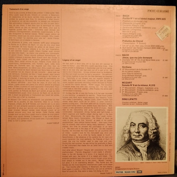 Dinu Lipatti - Johann Sebastian Bach / Wolfgang Amadeus Mozart - Jésus, Que Ma Joie Demeure · Sicilienne · Partita N° 1 / Sonate N° 8 | La Voix De Son Maître (2C 051-01963) - 2