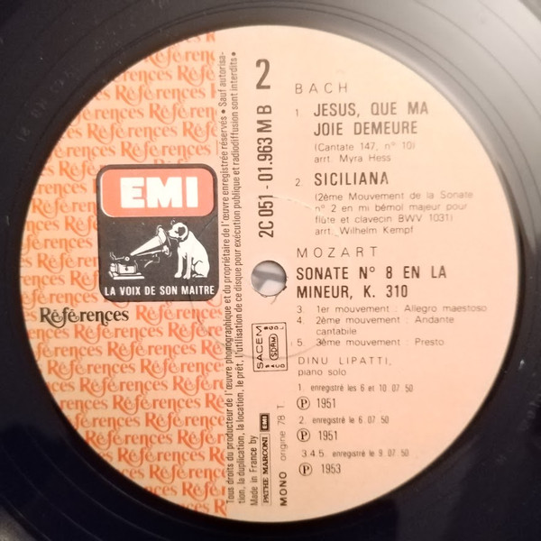 Dinu Lipatti - Johann Sebastian Bach / Wolfgang Amadeus Mozart - Jésus, Que Ma Joie Demeure · Sicilienne · Partita N° 1 / Sonate N° 8 | La Voix De Son Maître (2C 051-01963) - 4