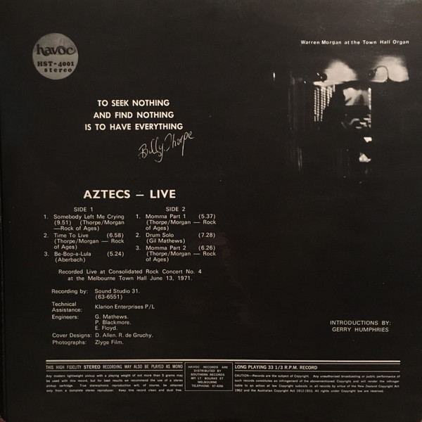 Billy Thorpe And The Aztecs - Live | Havoc (HST-4001) - 4