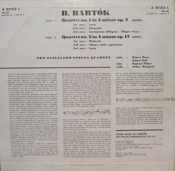 Béla Bartók , Juilliard String Quartet - String Quartet No. 1 Op. 7 (1908), String Quartet No. 2 Op. 17 (1917) | Philips (A 01153 L) - 2