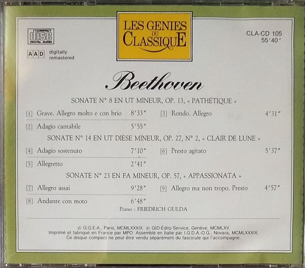 Ludwig van Beethoven - Sonates N° 8 «Pathétique» · N° 14 «Clair De Lune» · N° 23 «Appassionato» | Editions Atlas (CLA-CD 105) - 2