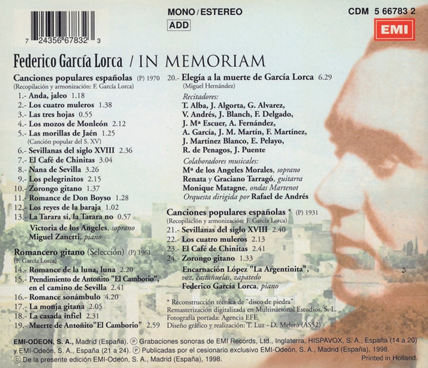 Victoria De Los Angeles - La Argentinita - Federico García Lorca - Miguel Zanetti - Federico García Lorca / In Memoriam | EMI (CDM 5 66783 2) - 2