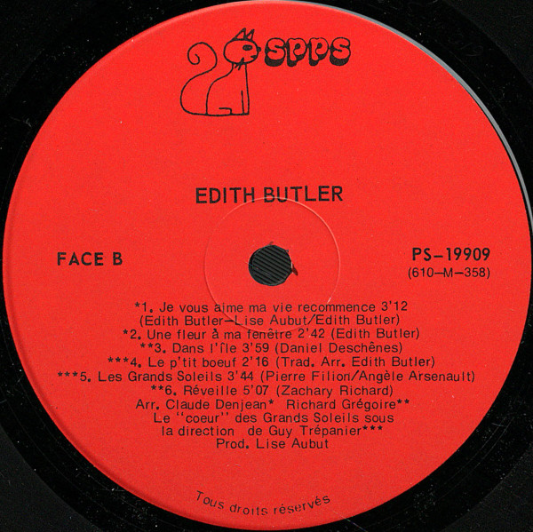 Edith Butler - Edith Butler [Vinyl] | SPPS Disques (SP-19909) - 4
