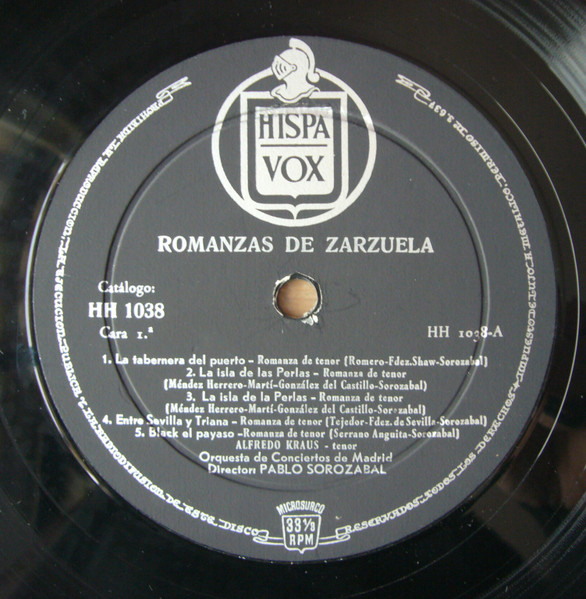 Alfredo Kraus , Pablo Sorozábal , Orquesta De Conciertos De Madrid - Romanzas De Zarzuela / Alfredo Kraus | Hispavox (HH 10-38) - 3