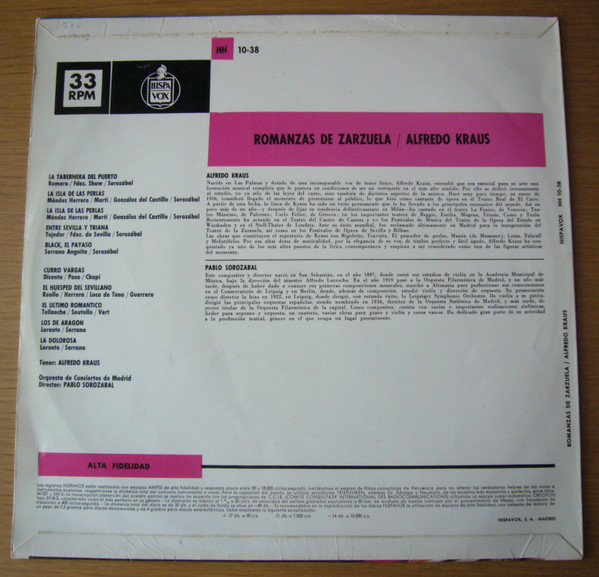 Alfredo Kraus , Pablo Sorozábal , Orquesta De Conciertos De Madrid - Romanzas De Zarzuela / Alfredo Kraus | Hispavox (HH 10-38) - 2