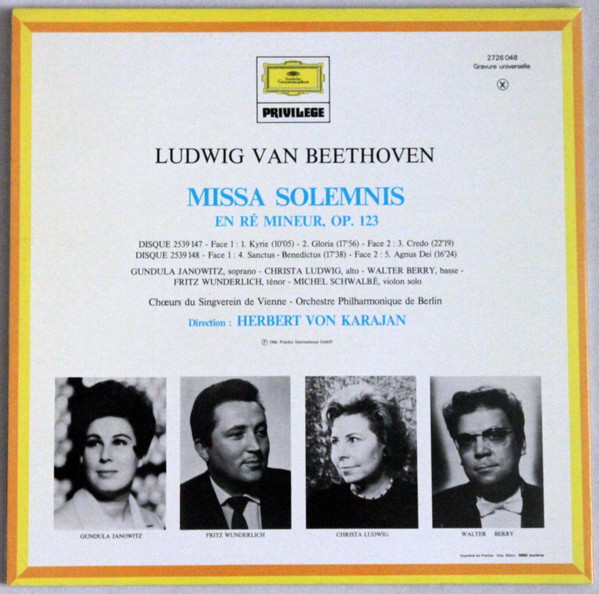 Ludwig van Beethoven - Gundula Janowitz , Christa Ludwig , Fritz Wunderlich , Walter Berry , Wiener Singverein , Berliner Philharmoniker , Herbert von Karajan - Missa Solemnis | Deutsche Grammophon (2726 048) - 2