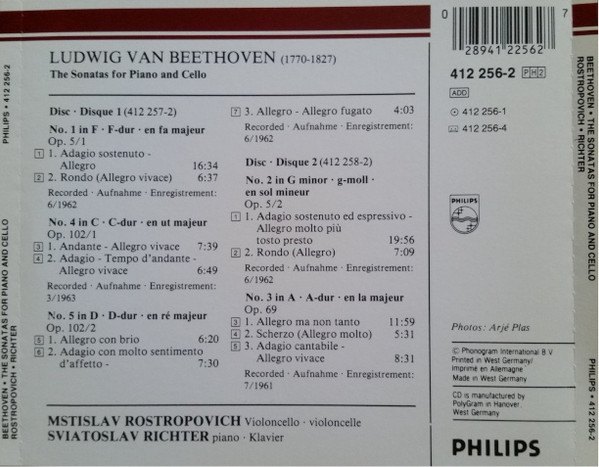 Ludwig van Beethoven , Mstislav Rostropovich , Sviatoslav Richter - The Sonatas For Piano And Cello = Die Sonaten Für Klavier Und Violoncello = Les Sonates Pour Piano Et Violoncelle | Philips (412 256-2) - 2
