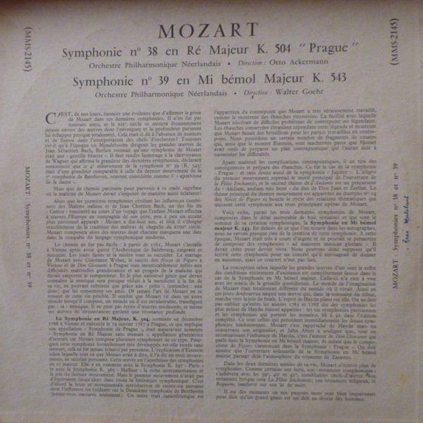 Wolfgang Amadeus Mozart , Walter Goehr , Otto Ackermann , Nederlands Philharmonisch Orkest - Symphonie N°38 En Ré Majeur K. 504 "Prague" - Symphonie N°39 En Mi Bémol Majeur K. 543 | Guilde Internationale Du Disque (MMS 2145) - 2