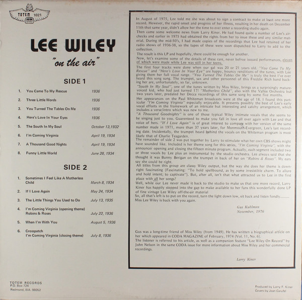 Lee Wiley - On The Air | Totem Records (1021) - 2 Lee Wiley - On The Air | Totem Records (1021) - 2