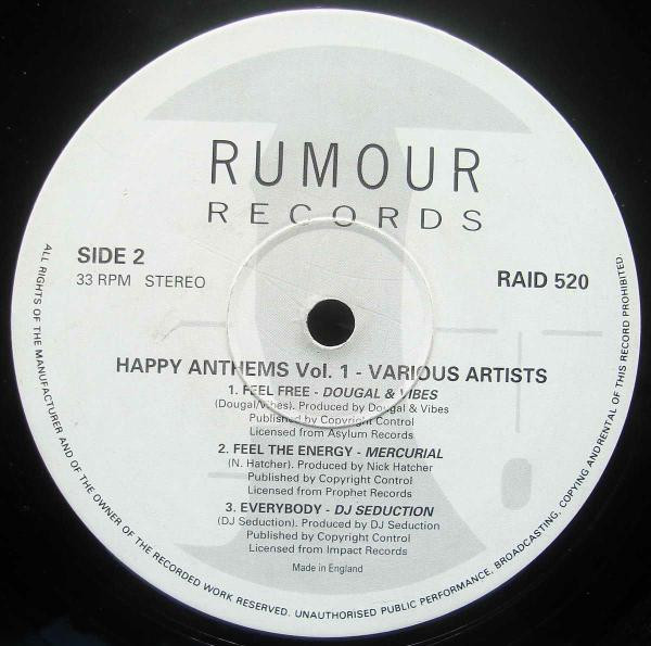 Various - Happy Anthems Volume One - The Heart Of Hardcore Raving | Rumour Records (RAID 520) - 3