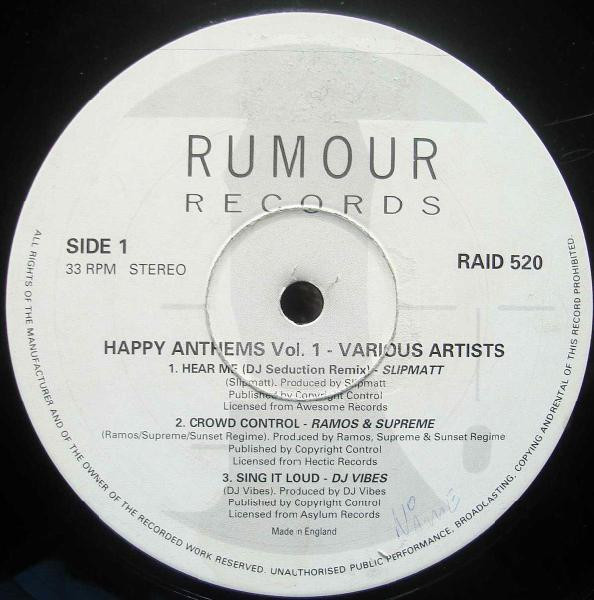 Various - Happy Anthems Volume One - The Heart Of Hardcore Raving | Rumour Records (RAID 520) - 2