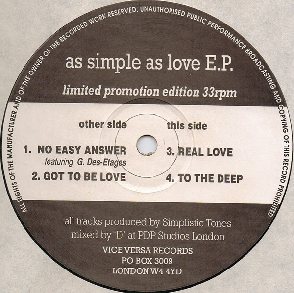 Simplistic Tones - As Simple As Love E.P. | Vice Versa Records (VVR ST 001) - main