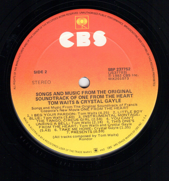 Tom Waits And Crystal Gayle - One From The Heart - The Original Motion Picture Soundtrack Of Francis Coppola's Movie | CBS (SBP 237752) - 4 Tom Waits And Crystal Gayle - One From The Heart - The Original Motion Picture Soundtrack Of Francis Coppola's Movie | CBS (SBP 237752) - 4
