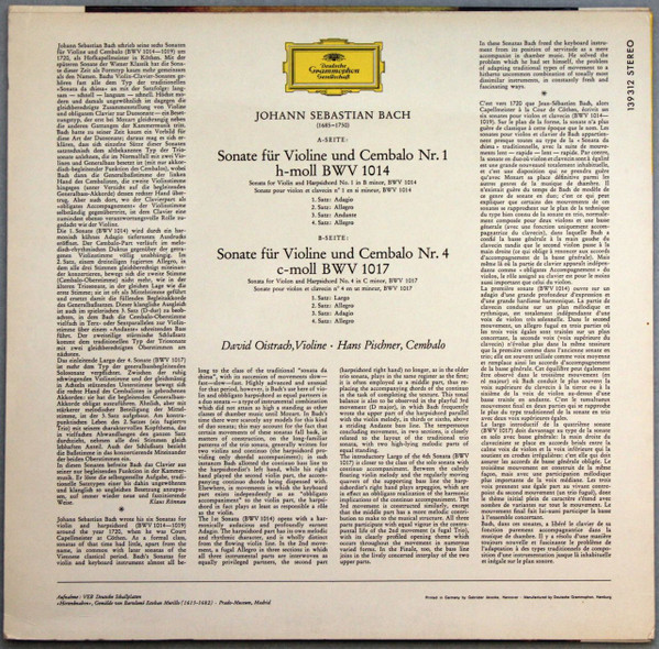 Johann Sebastian Bach / David Oistrach , Hans Pischner - Violinsonaten H-Moll, BWV 1014 · C-Moll, BWV 1017 | Deutsche Grammophon (139 312 SLPM) - 2