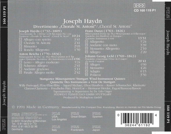 Joseph Haydn , Anton Reicha , Franz Danzi , Johann Georg Lickl - Divertimento „Chorale St. Antoni“ | Pilz (CD 160 119 P1) - 2