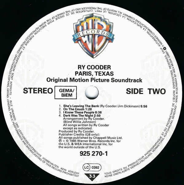 Ry Cooder - Paris, Texas (Original Motion Picture Soundtrack) | Warner Bros. Records (925 270-1) - 2 Ry Cooder - Paris, Texas (Original Motion Picture Soundtrack) | Warner Bros. Records (925 270-1) - 2