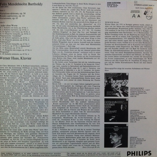 Lieder Ohne Worte; Variations Sérieuses, Op. 54; Rondo Capriccioso, Op. 14; Variationen, Op. 83