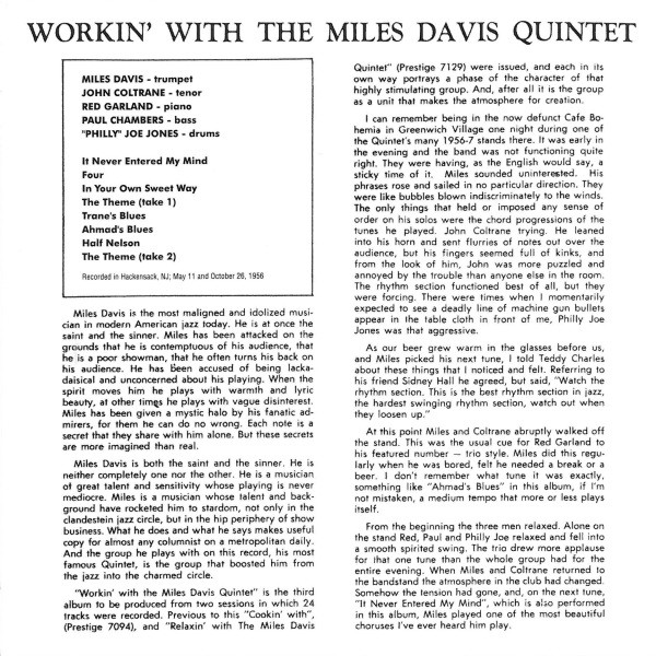 The Miles Davis Quintet - Workin' With The Miles Davis Quintet | Original Jazz Classics (OJC20 296-2) - 2 The Miles Davis Quintet - Workin' With The Miles Davis Quintet | Original Jazz Classics (OJC20 296-2) - 2