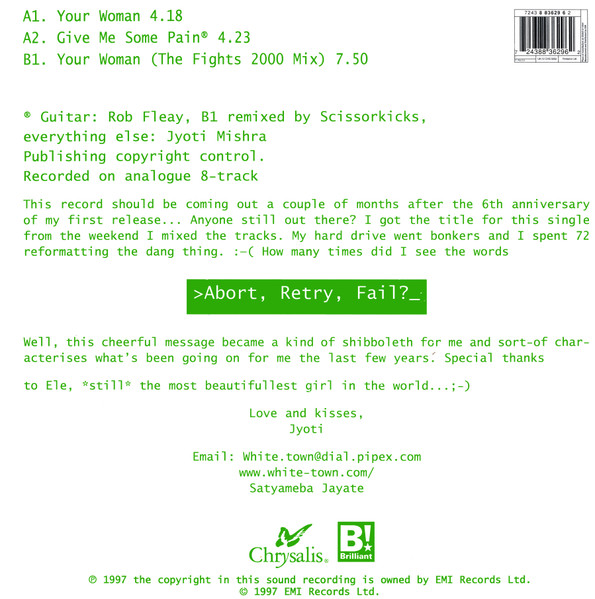 White Town - >Abort, Retry, Fail?_ Your Woman | Chrysalis (12CHS 5052) - 2