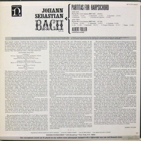 Johann Sebastian Bach , Albert Fuller - Partitas For Harpsichord (No. 2 In C Minor BWV 826 • No. 6 In E Minor BWV 830) | Nonesuch (H-71176) - 2