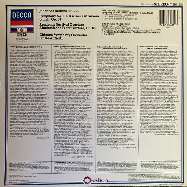 Johannes Brahms , Chicago Symphony Orchestra , Georg Solti - Symphony No. 1 / Academic Festival Overture | Decca (417 286-1) - main