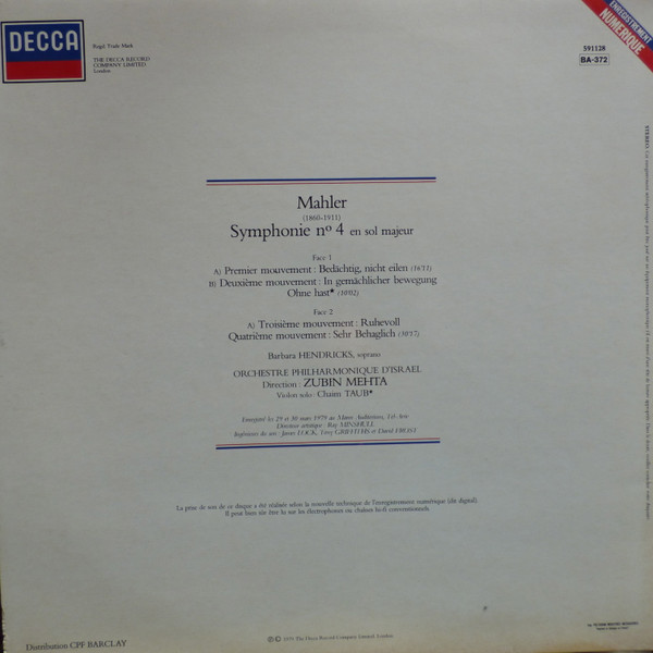 Gustav Mahler - Barbara Hendricks , Israel Philharmonic Orchestra , Zubin Mehta - Symphonie N°4 | Decca (591 128) - 2