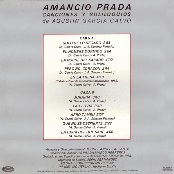 Amancio Prada - Canciones Y Soliloquios | Movieplay (17-3565/4) - 2