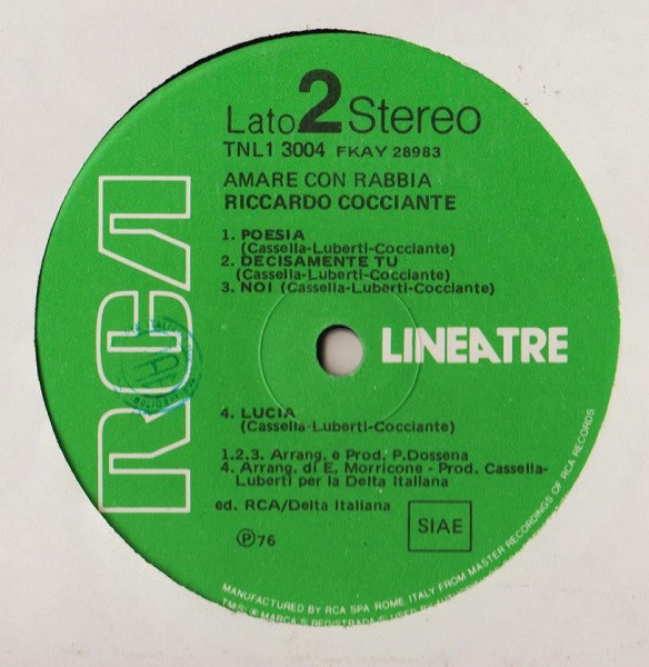 Riccardo Cocciante - Amare Con Rabbia | RCA (TNL1-3004) - 3 Riccardo Cocciante - Amare Con Rabbia | RCA (TNL1-3004) - 3