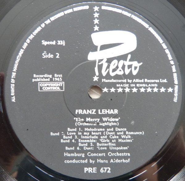 Franz Lehár , Hamburg Concert Orchestra And Chorus , Hans Alderhof - The Merry Widow (Orchestral Highlights) | Presto (PRE672) - 4