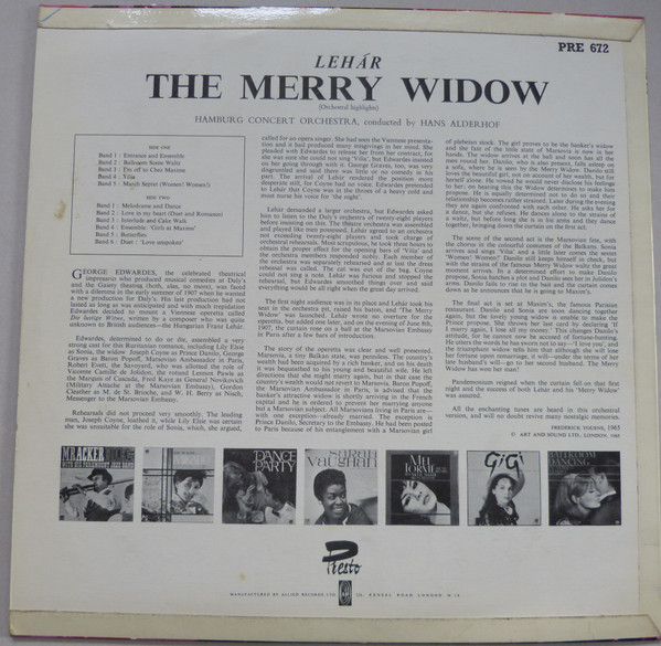Franz Lehár , Hamburg Concert Orchestra And Chorus , Hans Alderhof - The Merry Widow (Orchestral Highlights) | Presto (PRE672) - 2