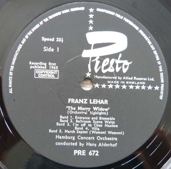 Franz Lehár , Hamburg Concert Orchestra And Chorus , Hans Alderhof - The Merry Widow (Orchestral Highlights) | Presto (PRE672) - 3