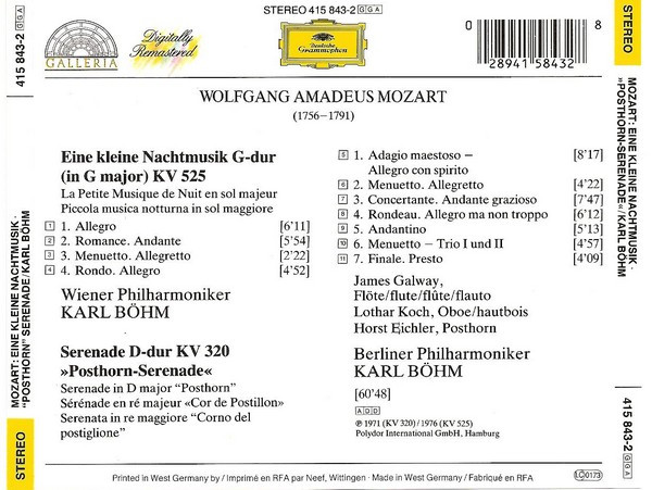 Wolfgang Amadeus Mozart - Wiener Philharmoniker , Berliner Philharmoniker , Karl Böhm - Eine Kleine Nachtmusik / »Posthorn-Serenade« KV 320 | Deutsche Grammophon (415 843-2) - 2